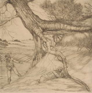 Sower and reclining figure with folded hands in a landscape, print, printmaker: Eugène Joors