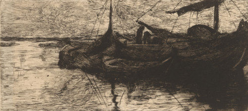 Ships in a canal (original title), print, printmaker: Floris Verster, 1889, paper, chine collé,