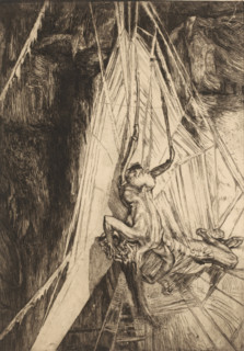 Spiderweb with humanoid spider that has captured a man, L'Araignée, print, Creature with the lower