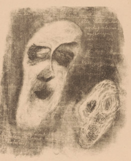 Two narrow faces with empty eye sockets, print, In the background text fragments, including a quote