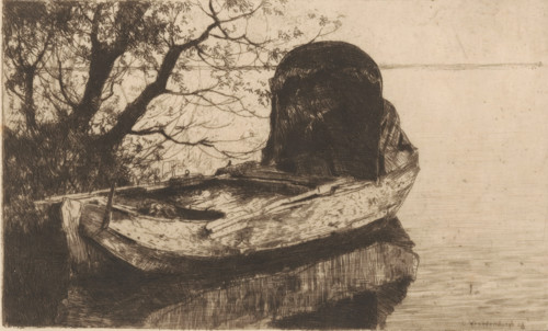 Moored rowboat with a canopy, print, printmaker: Cornelis Vreedenburgh (signed by artist), print