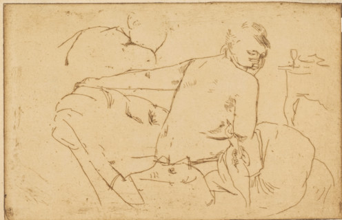 Seated female semi-nude, print, Study of a seated female nude seen from the back, shown twice.,