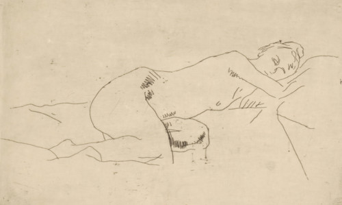 Reclining Female Nude, print, Female nude lying on her side, her head to the right., signature: