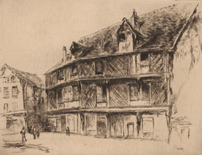 La maison du saumon (Chartres), Street with houses and walkers in Chartres, print, watermark,