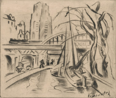 View of Rotterdam, print, In the foreground two sailboats in front of a bridge. In the background
