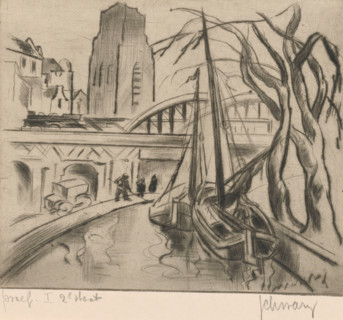 View of Rotterdam, print, In the foreground two sailboats in front of a bridge. In the background