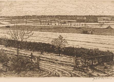 Landscape with fields and farm, print, printmaker: Maurits van der Valk (signed by artist), 1867 -