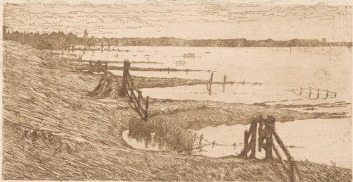 Flooded meadows near a dike, print, printmaker: Maurits van der Valk (signed by artist), 1867 -