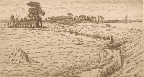 Landscape with meadow, farm and water, print, printmaker: Maurits van der Valk (signed by artist),