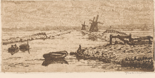 Landscape with meadows, canal and windmills, print, printmaker: Maurits van der Valk (signed by