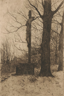 Crucifix next to tree, print, A crucifix on a stone monument, possibly a grave. In the background a