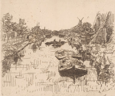Canal (original title), Canal with barges, print, printmaker: Willem Bastiaan Tholen (signed by