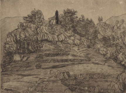 La chapelle de Saint-Julien (original title on object), print, A chapel in a hilly landscape.,
