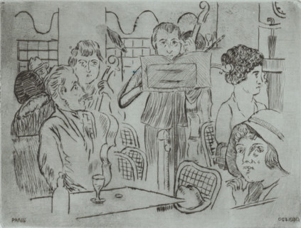 Musicians in a café, print, A cellist and a violinist perform a piece of music in a café., number: