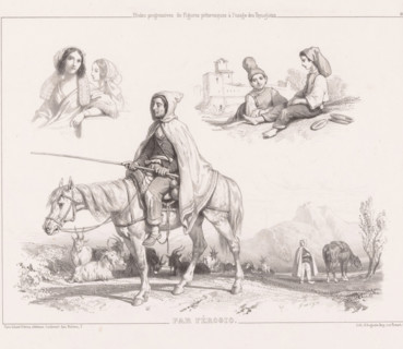 Three depictions of figures, including two goatherders on horseback in a landscape, Examples of