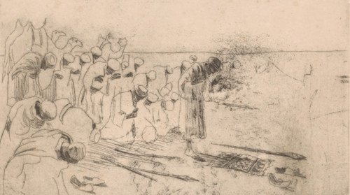 Abendgebet der Araber (original title on object), Praying men with turbans, print, Three camels in