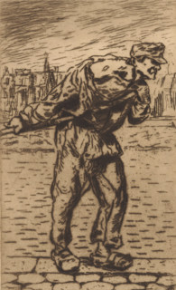 Man pulling, print, A man in clogs is pulling something behind him with a rope on the street.,