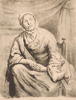 Sitting farmer's wife, print, The woman has her hands clasped together and is looking upwards.,