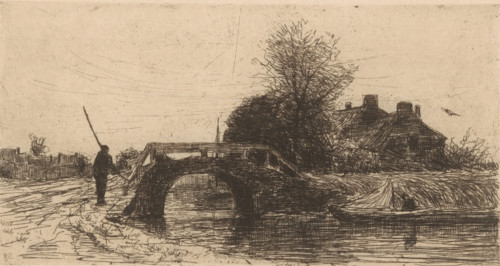 Primavera (original title), Landscape with river, bridge and houses, print, printmaker: Philip