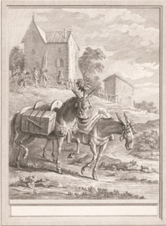 Two pack mules with soldiers advancing in the background, print, book illustration, printmaker: