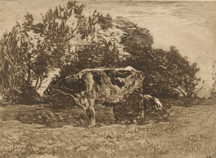 Meadow with farmer milking a cow, Milking farmer (original title), print, printmaker: Willem de
