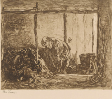 Farmer and cow in a stable, In the stable (original title), print, printmaker: Willem de Zwart
