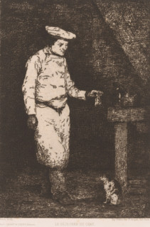 Le Déjeuner du Chat, Dark interior with a cook holding up a piece of meat for a cat, Eaux-Fortes