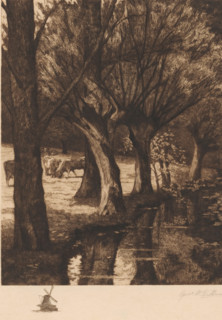 By the stream, Meadow by the water, print, Cows stand in the meadow on the left and trees stand by