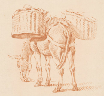 Loaded donkey, print, A donkey with two baskets on its back. The print lies loose in an album, see