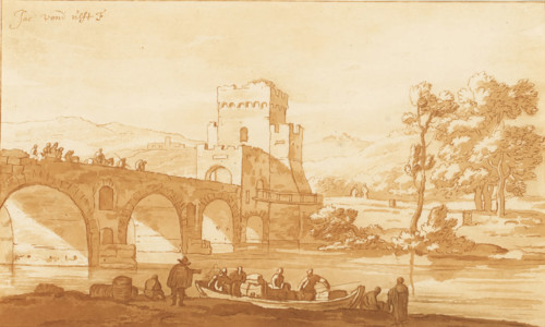 Ponte Molle near Rome, print, The Ponte Molle near Rome. In the foreground a boat moored at the
