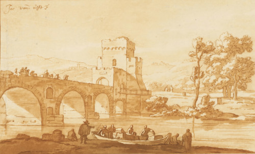Ponte Molle near Rome, print, The Ponte Molle near Rome. In the foreground a boat moored at the