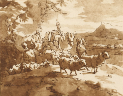 Shepherds with cattle in a mountain landscape, Horse with herd of sheep, print, The print is loose