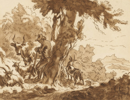 Shepherd and his cattle by a tree, print, Shepherd leaning against a tree, surrounded by his cattle