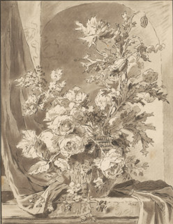 Vase with flowers in front of a niche, print, The print is loose in an album, see page H. 65.,