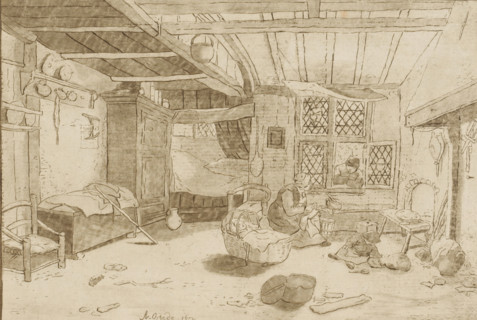 Interior with woman by cradle, print, Interior with a woman by a cradle. The woman is talking to a