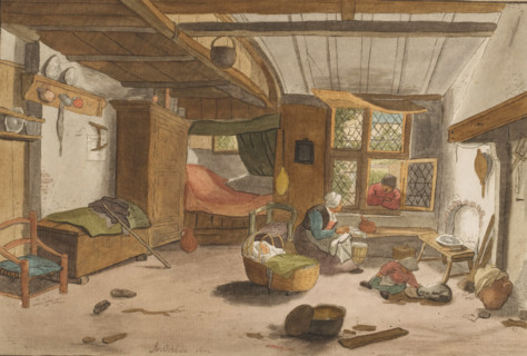 Interior with woman by cradle, print, Interior with a woman by a cradle. The woman is talking to a