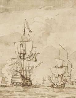Warship firing a shot, print, Various sailing ships at sea, one of which fires a shot. The print is