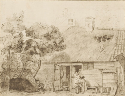Draughtsman in front of a farmhouse, print, A draughtsman sits on a bench in front of a farmhouse.