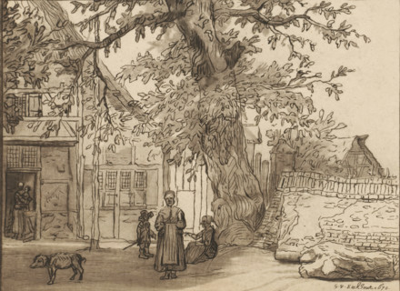 Village view with large tree, Inn in Anrath, print, Inn 'Zur blauen Hand am Kirchhof' in Anrath. In