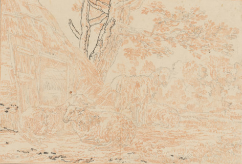 Sheepfold, drawing, Four sheep at the opened sheepfold. The copy drawing is loose in an album, see