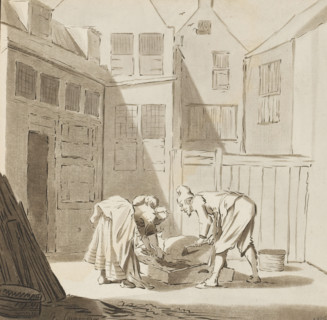 Pig slaughter, print, In a courtyard a man and a woman slaughter a pig. The print is loose in an