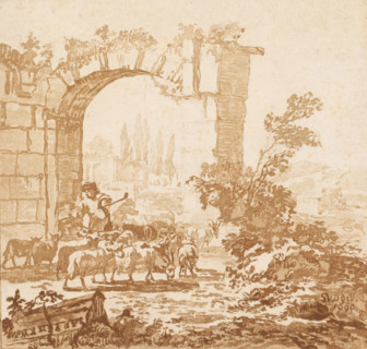 Herd of goats at a gate, print, A shepherd with a herd of goats at a gate. Cypresses in the