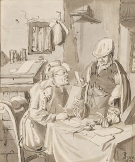 Writer of a letter, Recipient, print, A man, sitting at a table, is writing a letter. Next to him