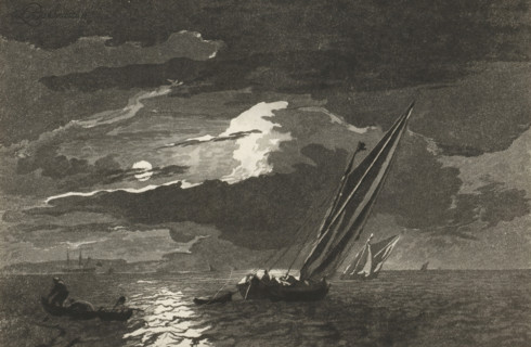 Seascape with full moon, print, Two sailing ships are at sea. A fisherman is hauling in his nets