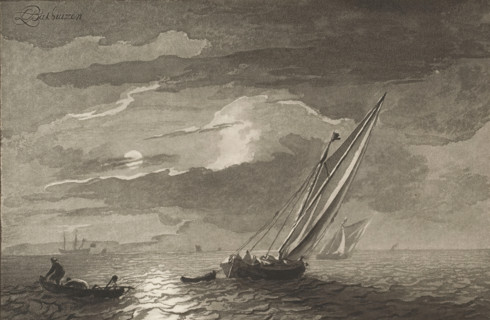 Seascape with full moon, print. Two sailing ships are at sea. A fisherman is hauling in his nets