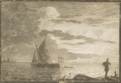 Man with sack on shoulders at sunrise, print, waste paper, On the right in the foreground a man