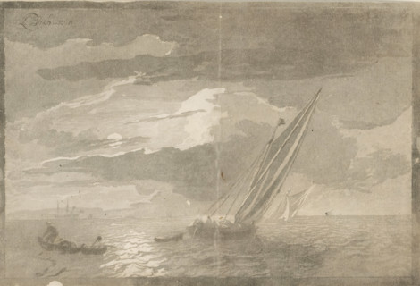 Seascape with full moon, print, waste paper, Two sailing ships are at sea. A fisherman is hauling