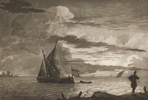 Man with sack on shoulder at sunrise, print, On the right in the foreground a man with a sack on