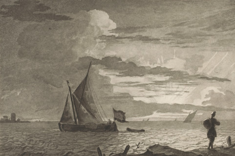 Man with sack on shoulder at sunrise, print, On the right in the foreground a man with a sack on
