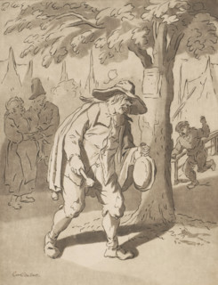 Claimer, print, A town crier with percussion by a tree. People listening in the background. The